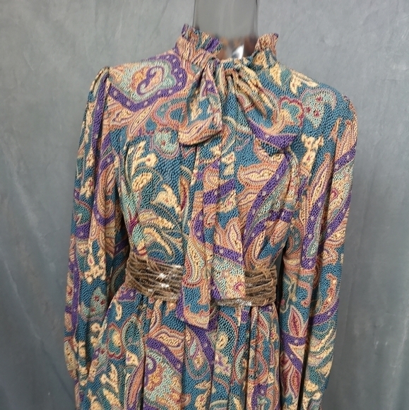80s vintage green paisley print loose fitted dress - Picture 2 of 9
